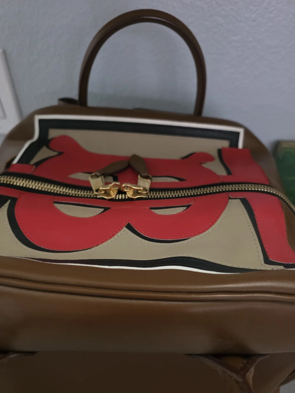 BURBERRY Designer Brown Leather Tote with Red Accent Front Panel